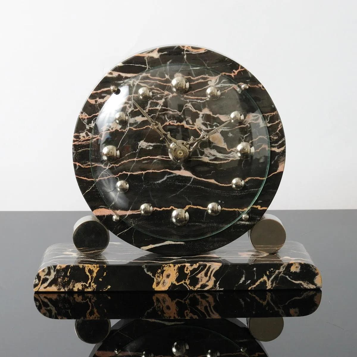 Mantel Clock Art Deco, black beige marble, nickel-plated brass, France, 1930s. - 164317