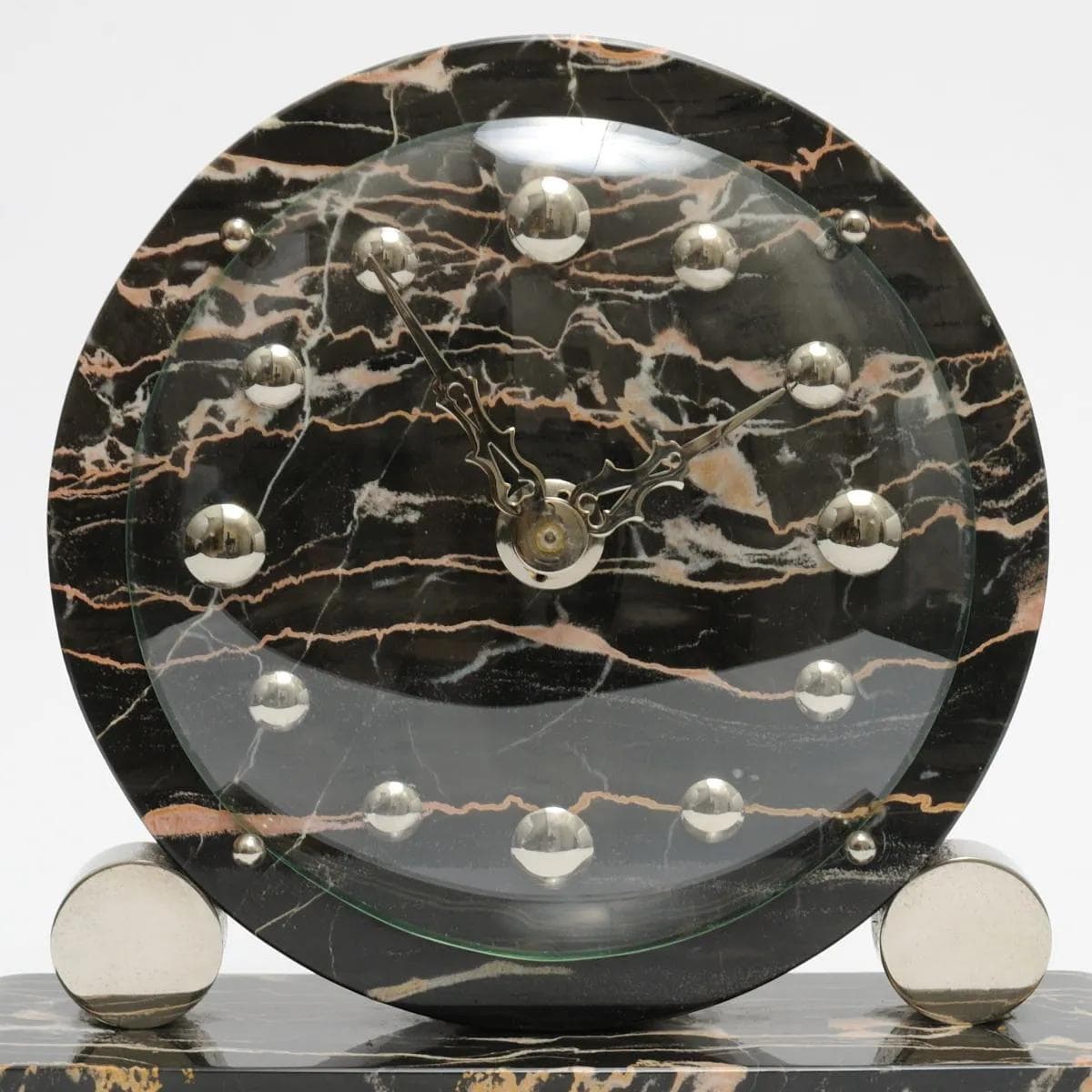 Mantel Clock Art Deco, black beige marble, nickel-plated brass, France, 1930s. - 164315