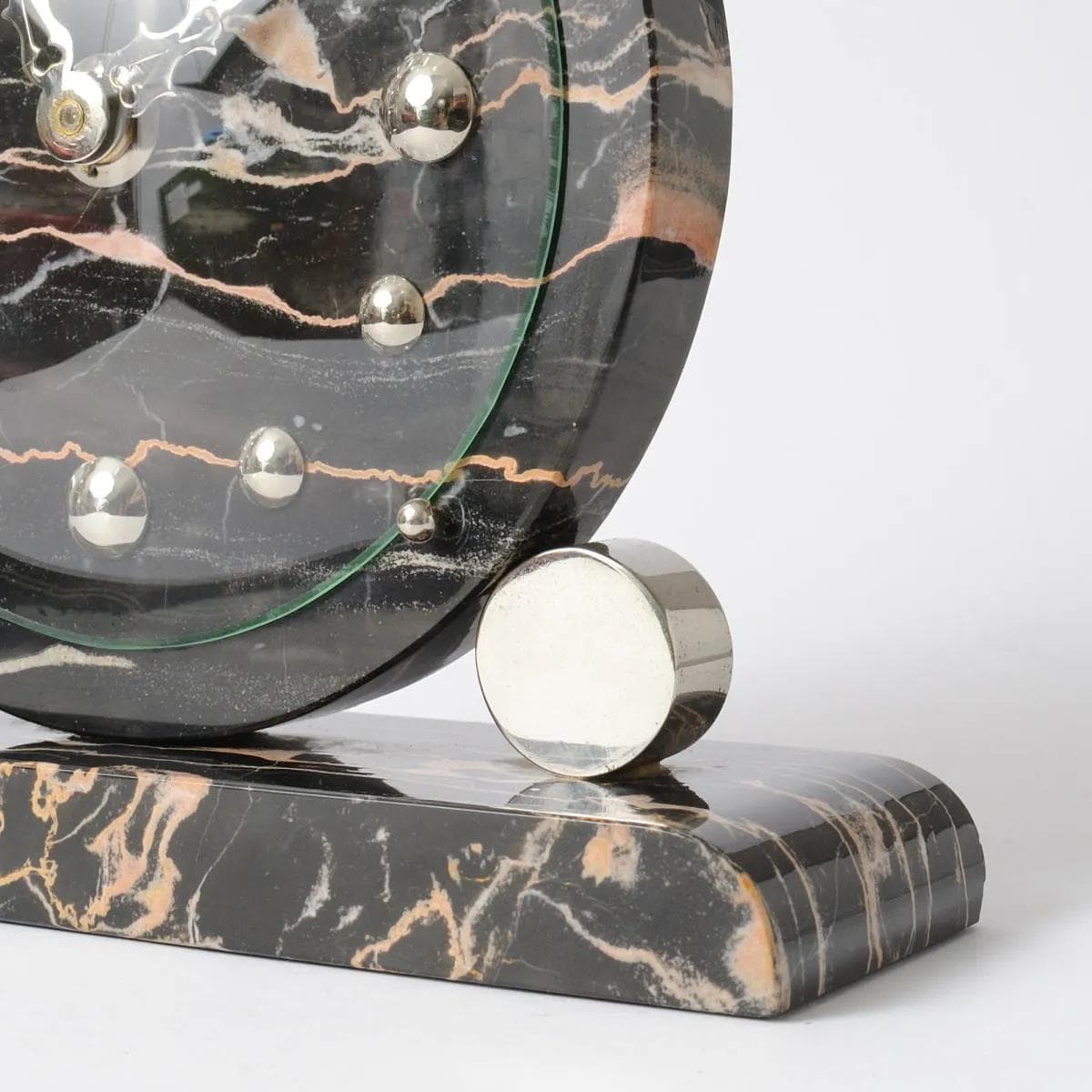 Mantel Clock Art Deco, black beige marble, nickel-plated brass, France, 1930s. - 164312