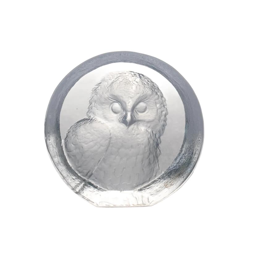 Rzeźba sowa, przezroczyste szkło, proj. M. Jonasson, Maleras, Szwecja, lata 90.