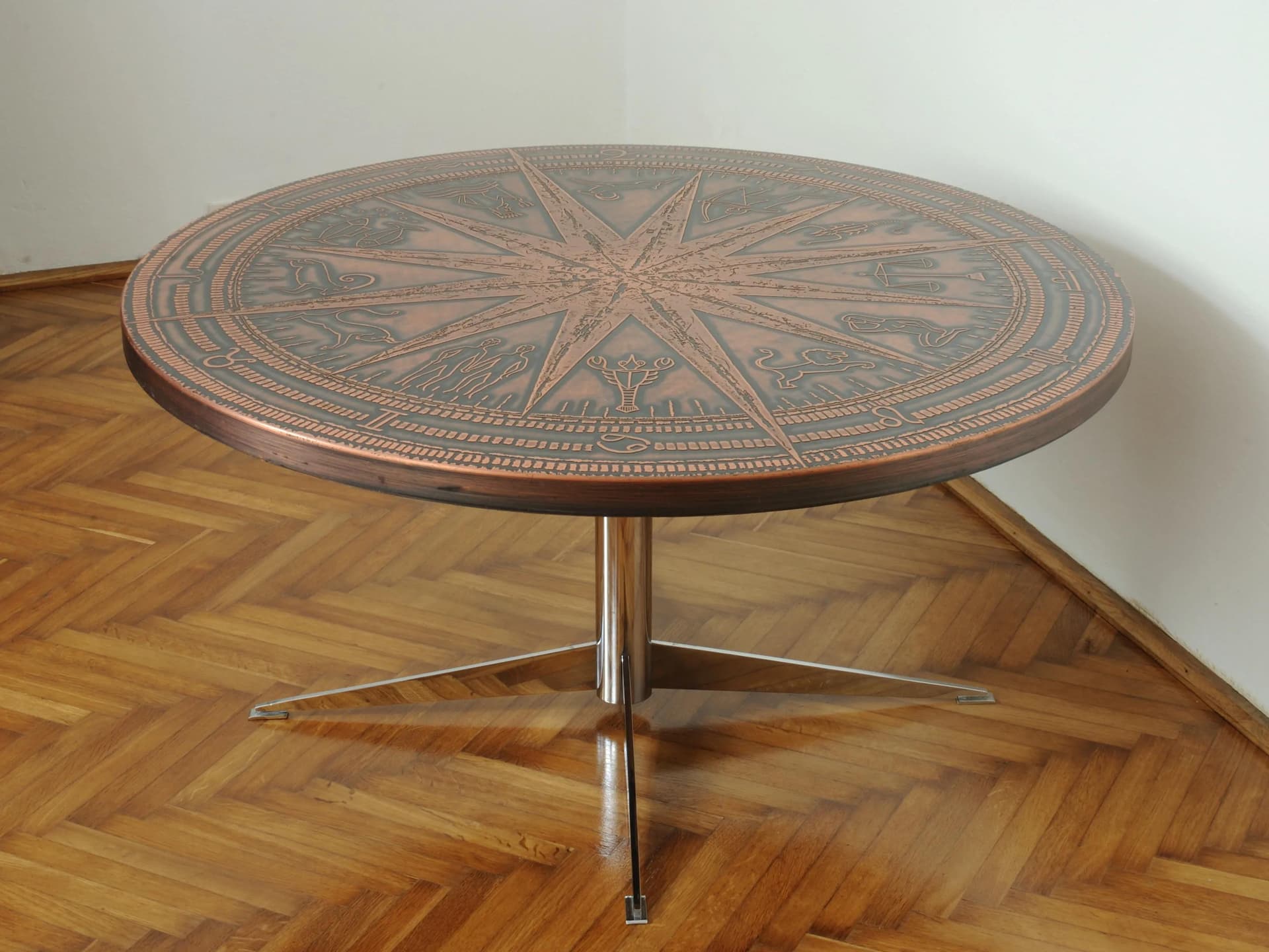Coffee table Zodiac, copper, chrome steel, Germany, 1970s.