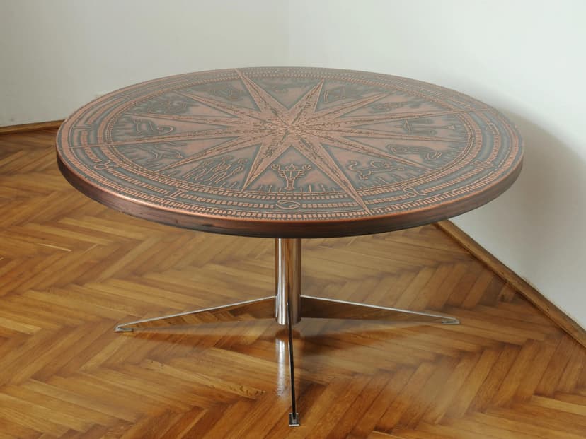 Coffee table Zodiac, copper, chrome steel, Germany, 1970s.