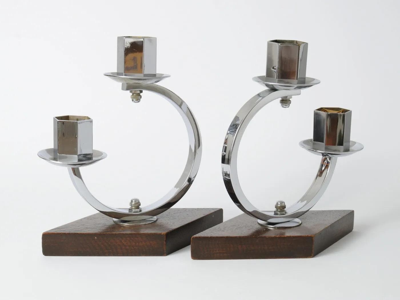 Pair of candlesticks Art Deco, silver nickel-plated brass, brown wood, Belgium, 1930s. - 164821