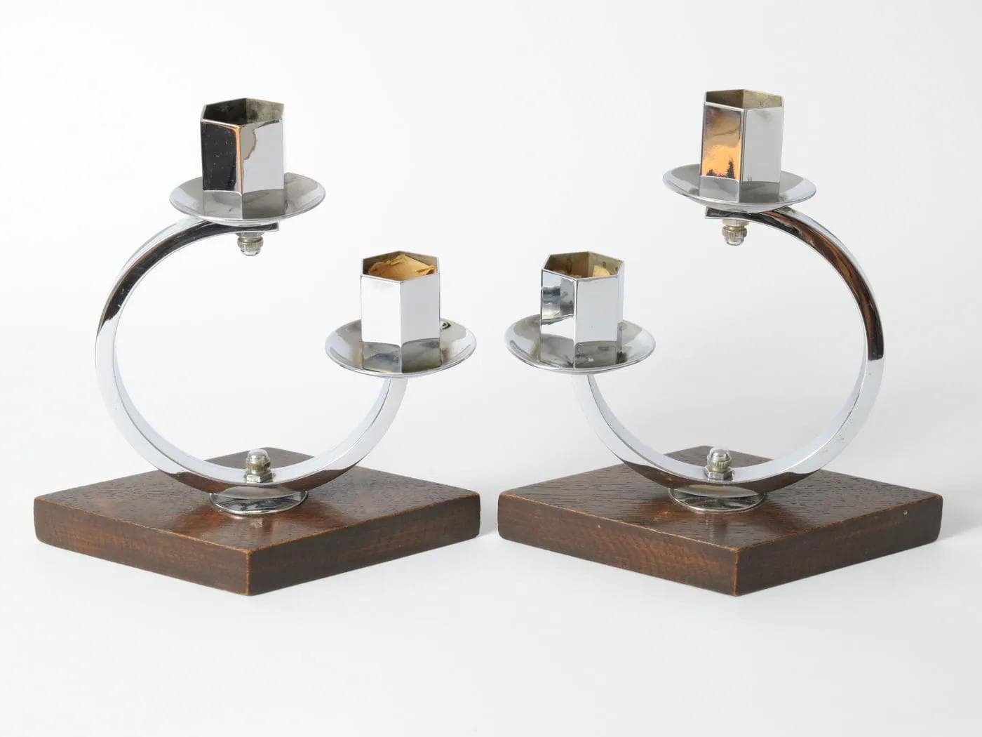 Pair of candlesticks Art Deco, silver nickel-plated brass, brown wood, Belgium, 1930s. - 164822