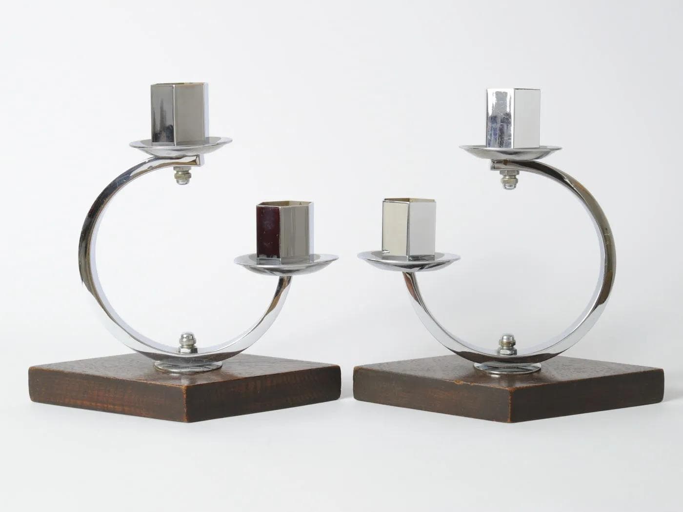 Pair of candlesticks Art Deco, silver nickel-plated brass, brown wood, Belgium, 1930s. - 164824