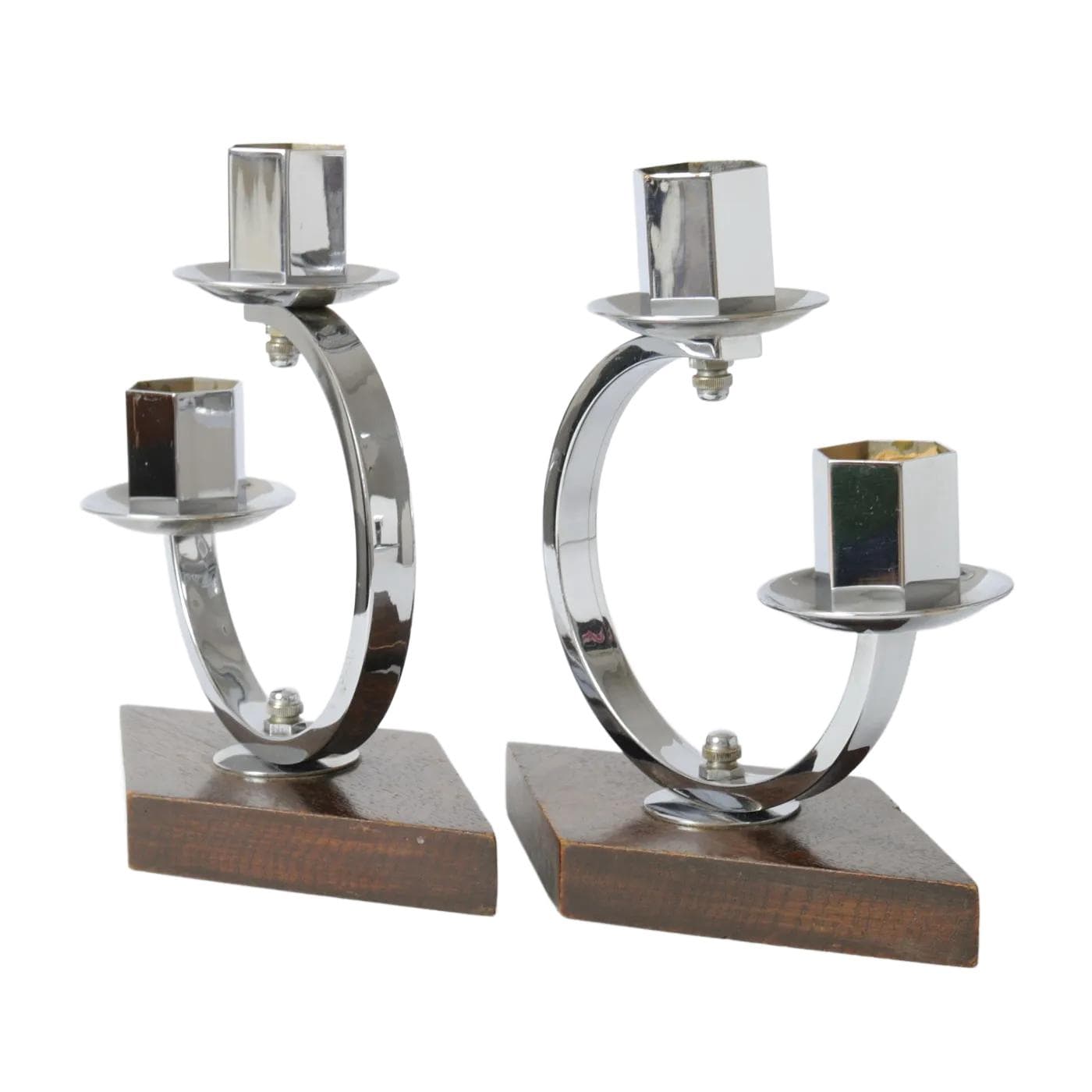 Pair of candlesticks Art Deco, silver nickel-plated brass, brown wood, Belgium, 1930s.