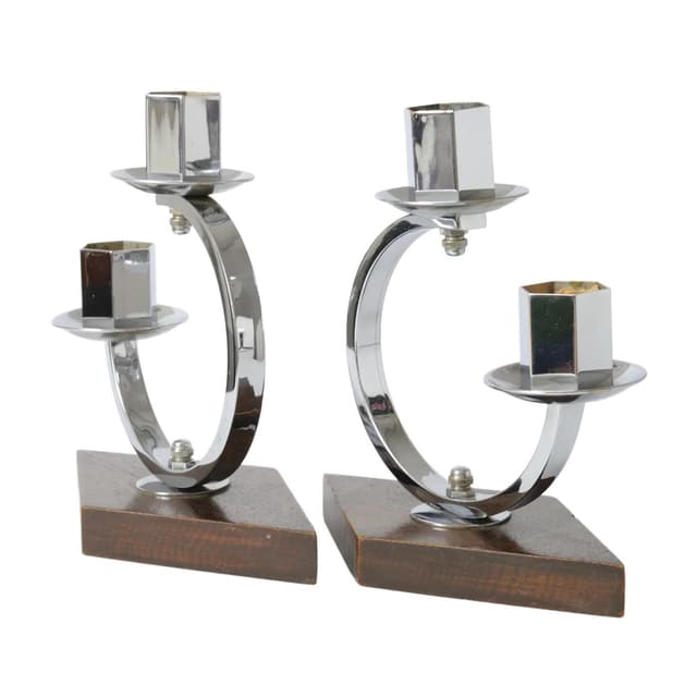 Pair of candlesticks Art Deco, silver nickel-plated brass, brown wood, Belgium, 1930s. - DIMENSION