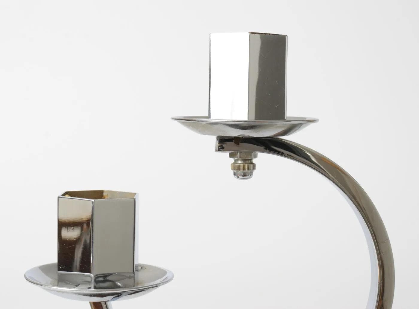 Pair of candlesticks Art Deco, silver nickel-plated brass, brown wood, Belgium, 1930s. - 164823