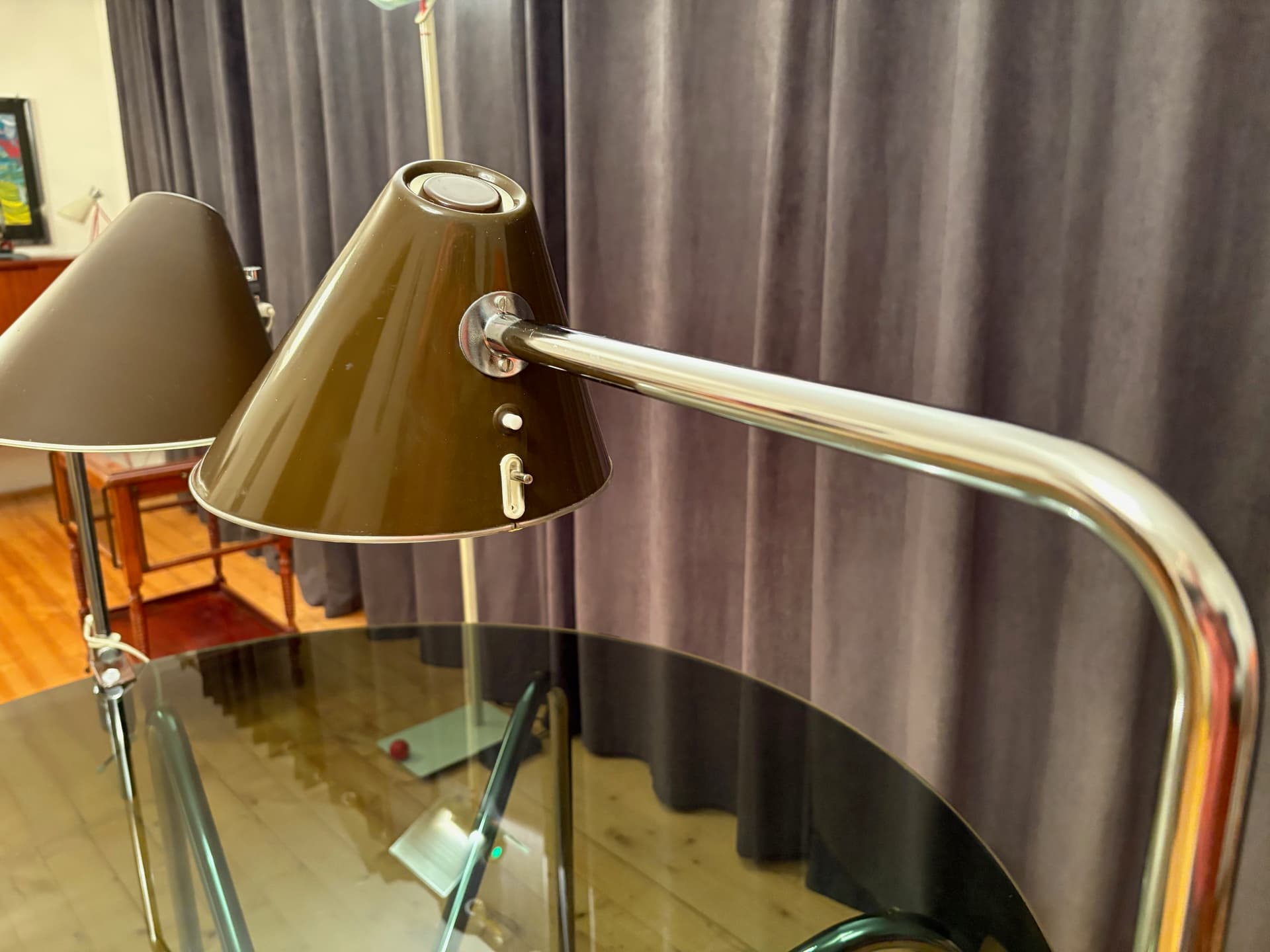 Para lamp Delux, brązowy, aluminium, stal chromowana, proj. S. Björklund, L. Gustafsson, Szwecja, lata 70. - 164489