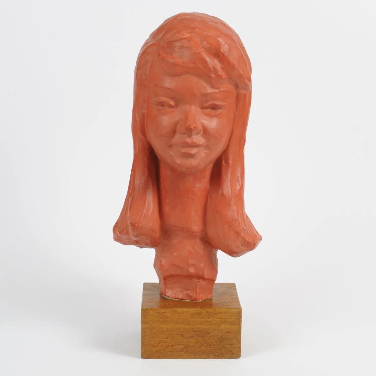 Bust, orange terracotta, brown wood, by P. Serste, Belgium, 1950s. - 164794
