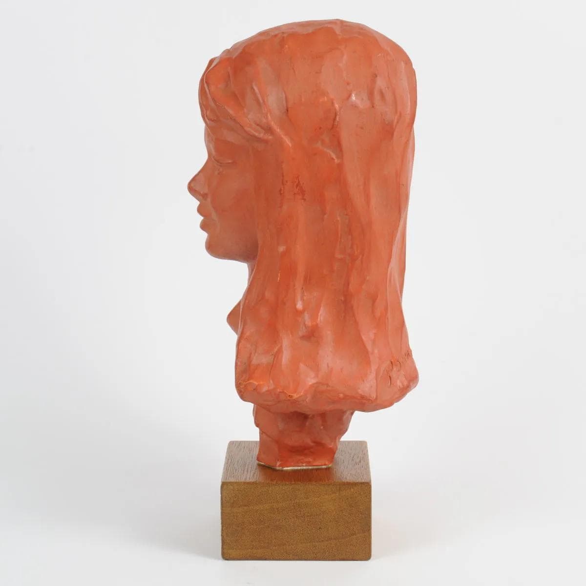 Bust, orange terracotta, brown wood, by P. Serste, Belgium, 1950s. - 164795