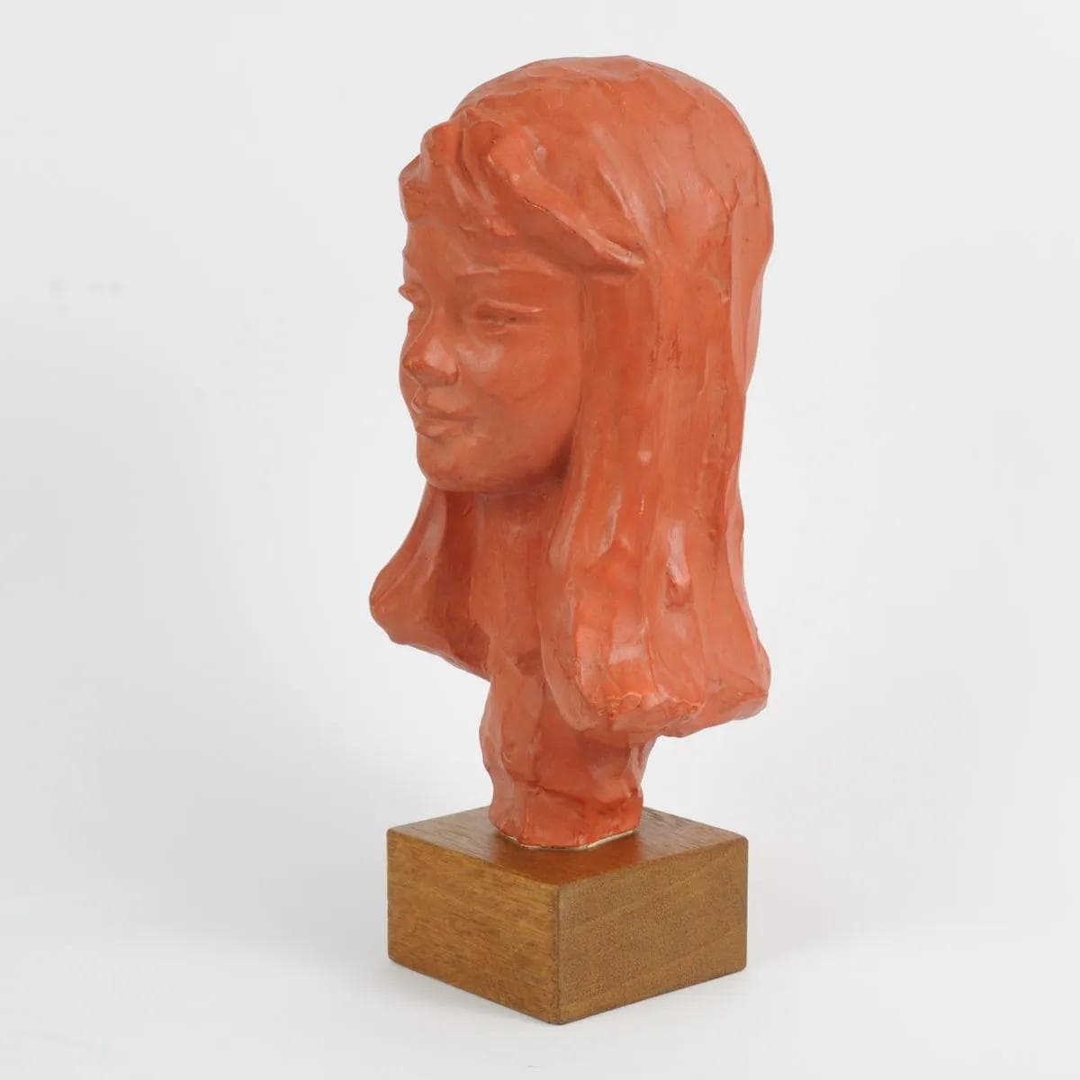 Bust, orange terracotta, brown wood, by P. Serste, Belgium, 1950s. - 164793