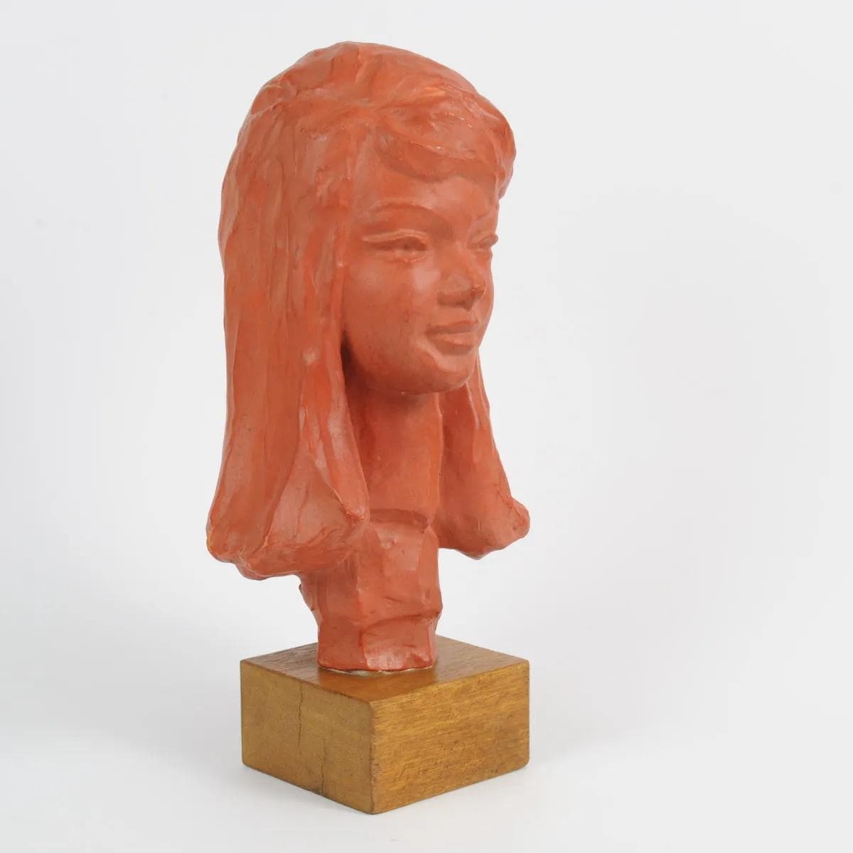 Bust, orange terracotta, brown wood, by P. Serste, Belgium, 1950s. - 164792