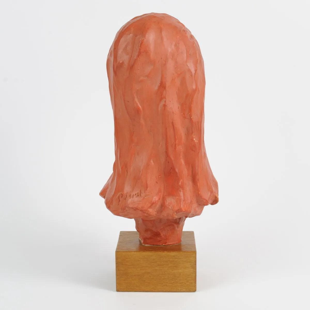 Bust, orange terracotta, brown wood, by P. Serste, Belgium, 1950s. - 164796