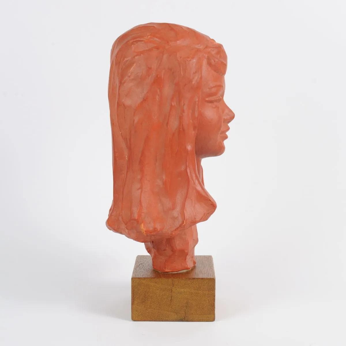 Bust, orange terracotta, brown wood, by P. Serste, Belgium, 1950s. - 164797