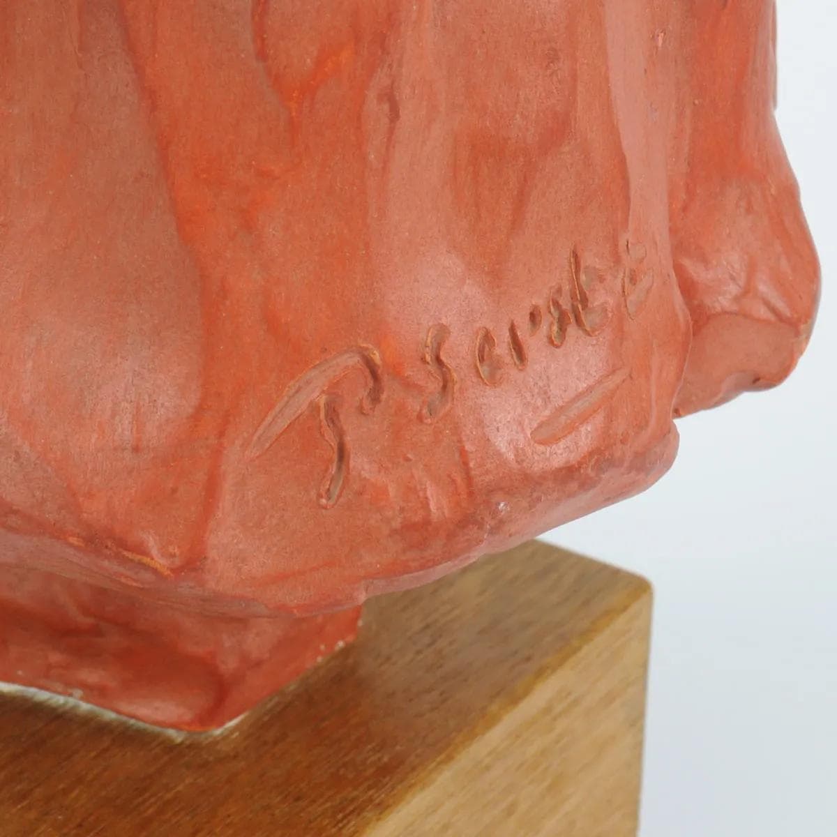 Bust, orange terracotta, brown wood, by P. Serste, Belgium, 1950s. - 164798