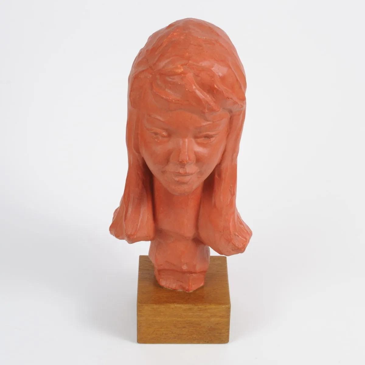 Bust, orange terracotta, brown wood, by P. Serste, Belgium, 1950s. - 164799
