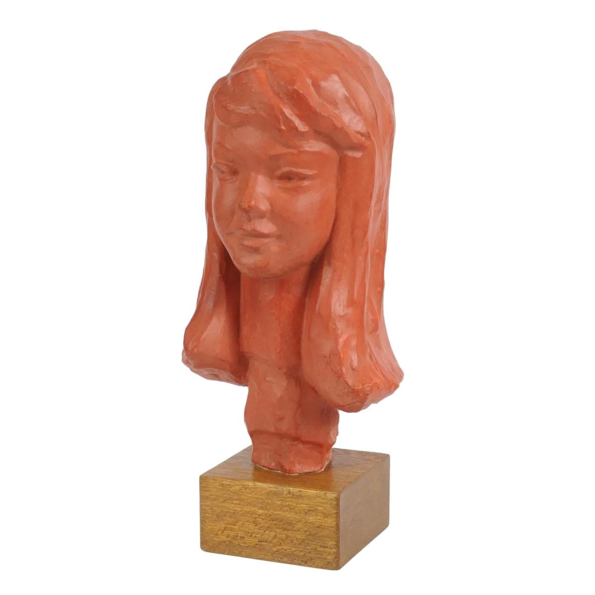 Bust, orange terracotta, brown wood, by P. Serste, Belgium, 1950s.