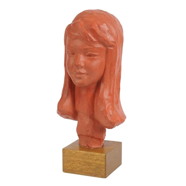 Bust, orange terracotta, brown wood, by P. Serste, Belgium, 1950s. - DIMENSION