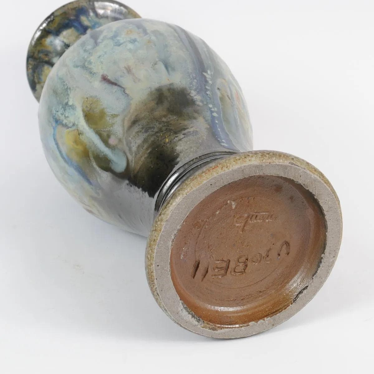 Wazon art déco, kamionka srebrna turkusowa zielona brązowa biała, proj. R. Guerin, Belgia, lata 30. - 164727