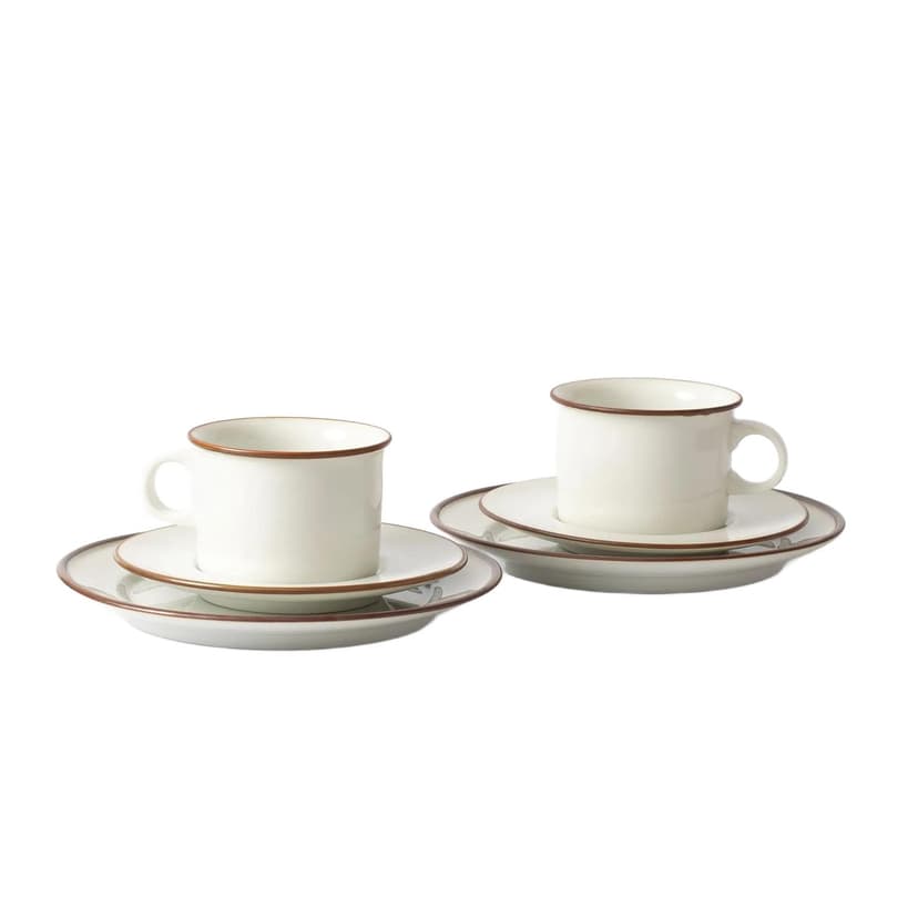 Para zestawów śniadaniowych Domino, biały brązowy, porcelana, proj. A. M. Trolle, Royal Copenhagen, Dania, lata 70.