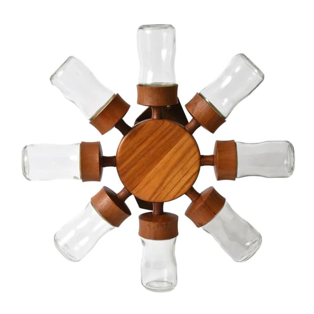 Revolving Spice Rack, light brown teak, glass, Digsmed, Denmark, 1960s. - DIMENSION