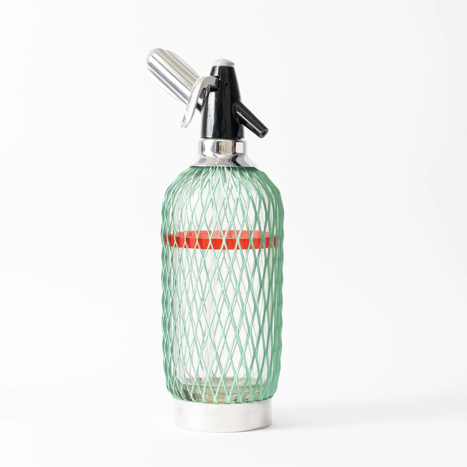 Soda siphon, transparent glass, green metal, black bakelite, Belgium, 1960s. - 164655