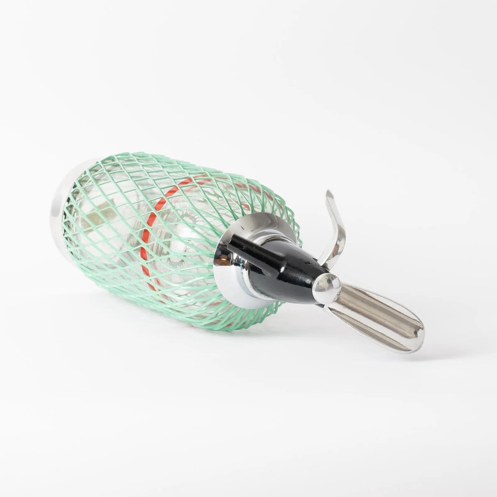 Soda siphon, transparent glass, green metal, black bakelite, Belgium, 1960s. - 164656