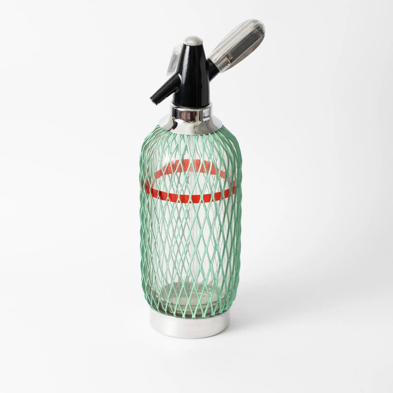 Soda siphon, transparent glass, green metal, black bakelite, Belgium, 1960s. - 164654