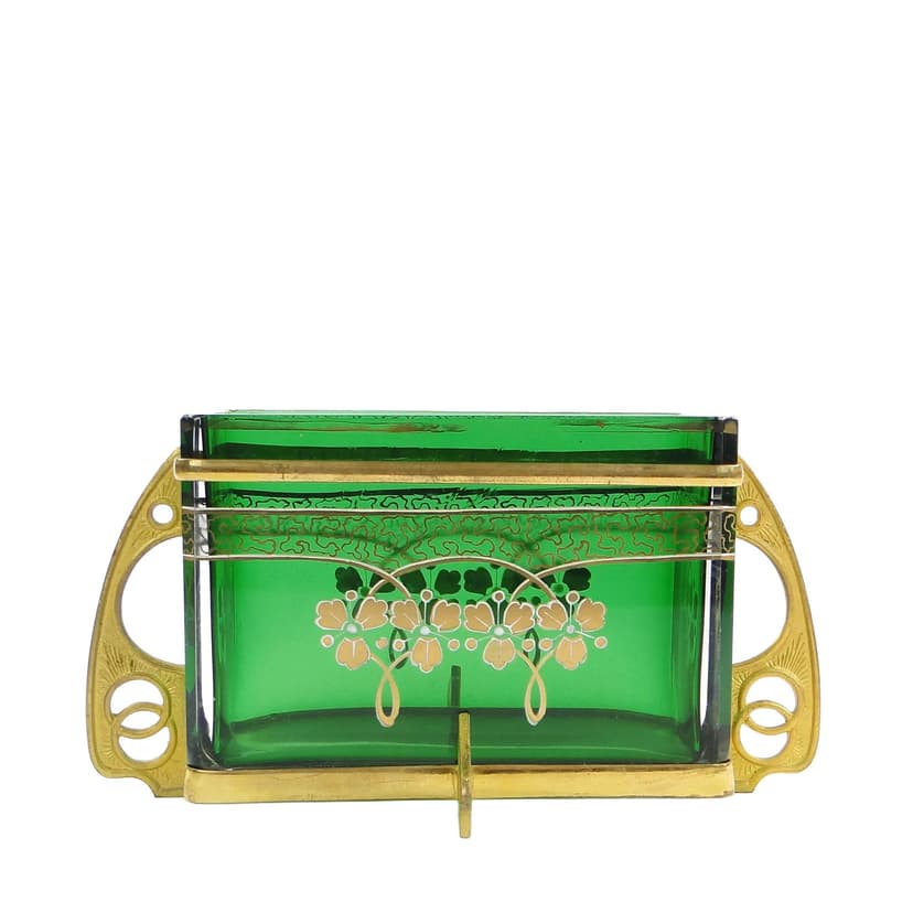 Art Nouveau jardinière, green crystal glass, gilt brass, Austria, early 20th c.