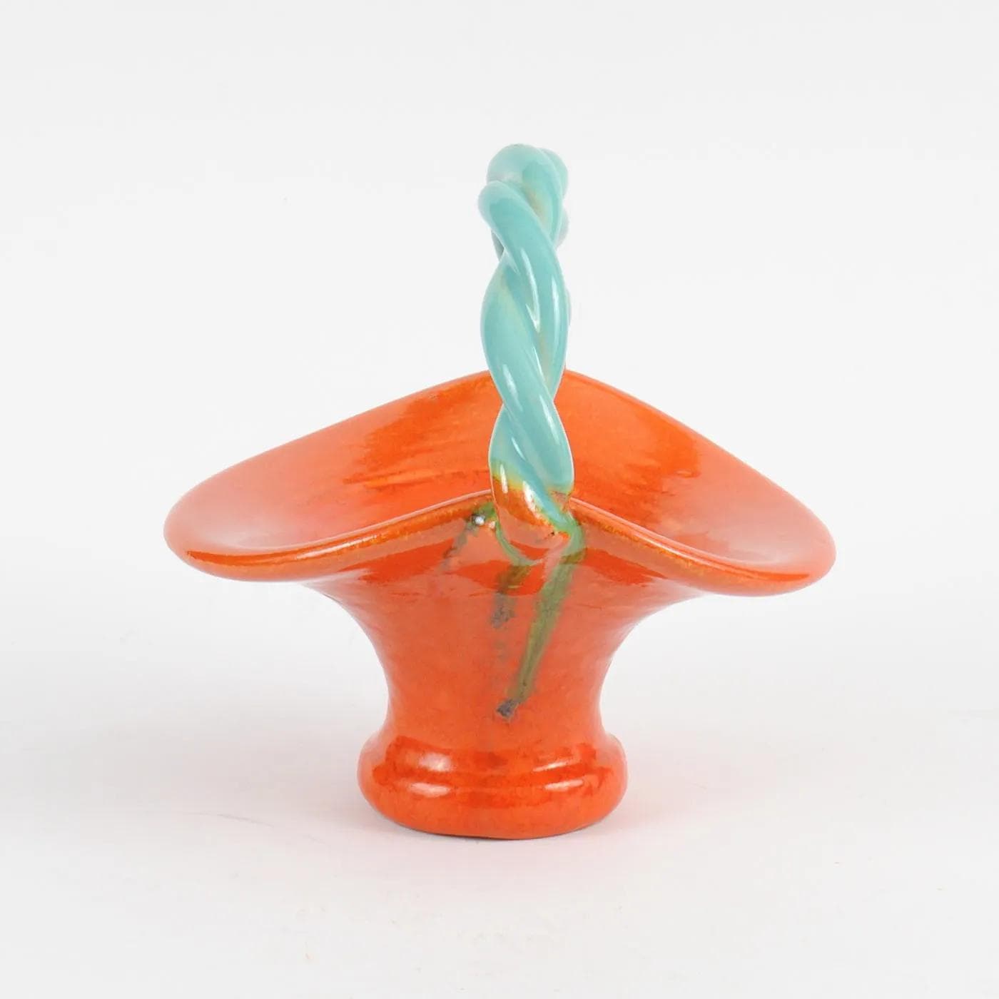 Ceramic basket, orange, turquoise ceramic, Roger Guerin, Belgium, 1930s. - 164514