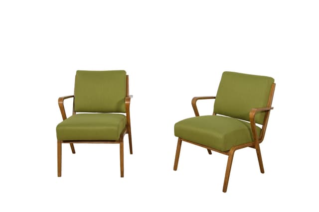 Para foteli 53693, tkanina zielona, drewno, proj. S. Selmanagic, Deutsche Werkstätten Hellerau, Niemcy, lata 50. - WYMIARY