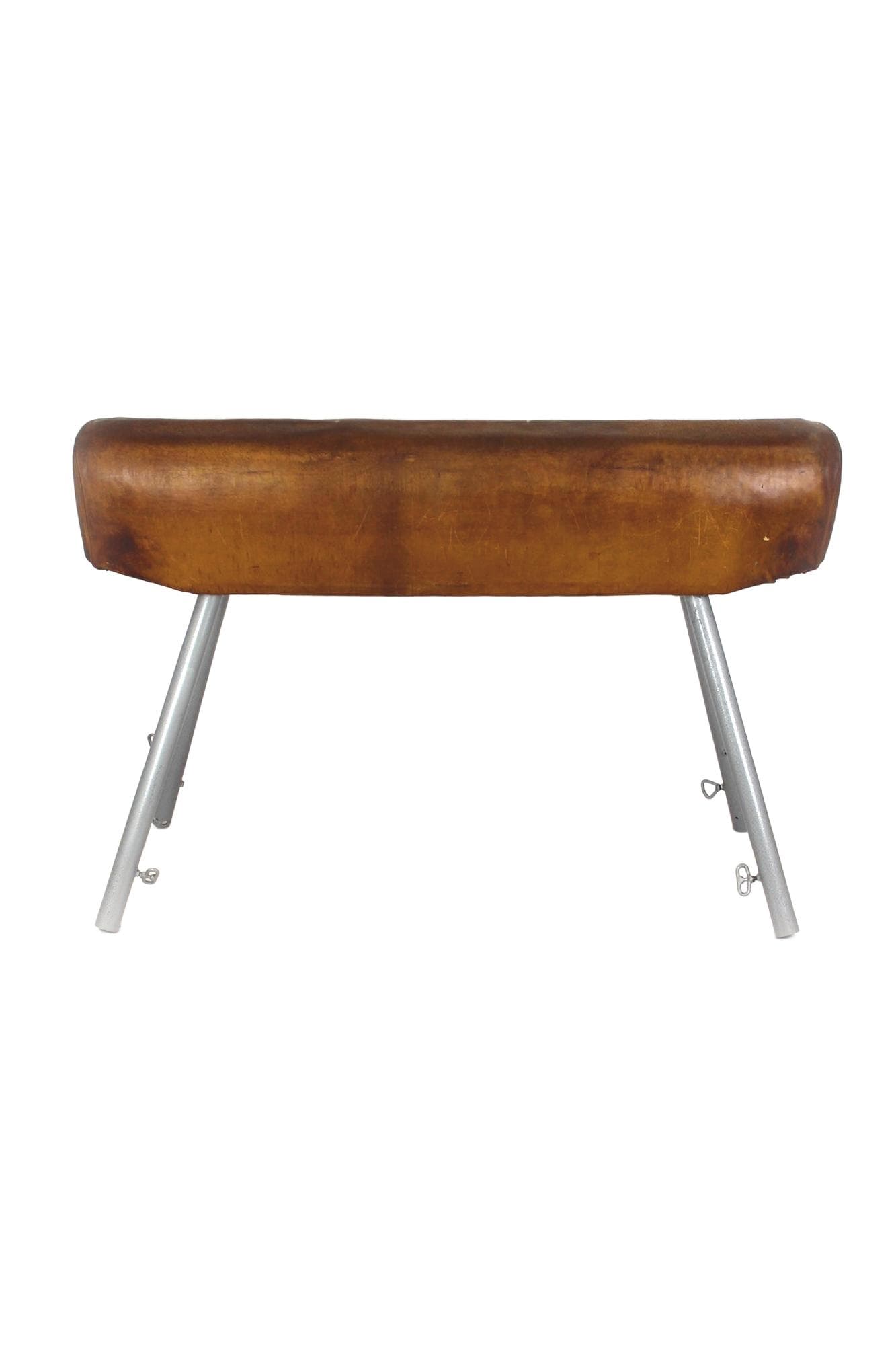 Koń gimnastyczny, skóra naturalna brązowa, stal szara, Polska, lata 50.