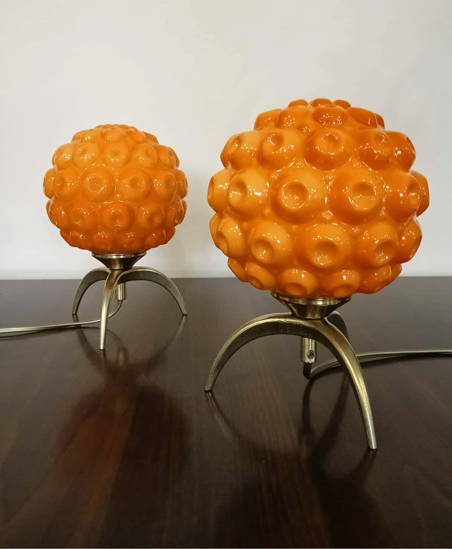 Pair of table lamps Space Age, orange glass, gold brass, Italy, 1970s. - 167827