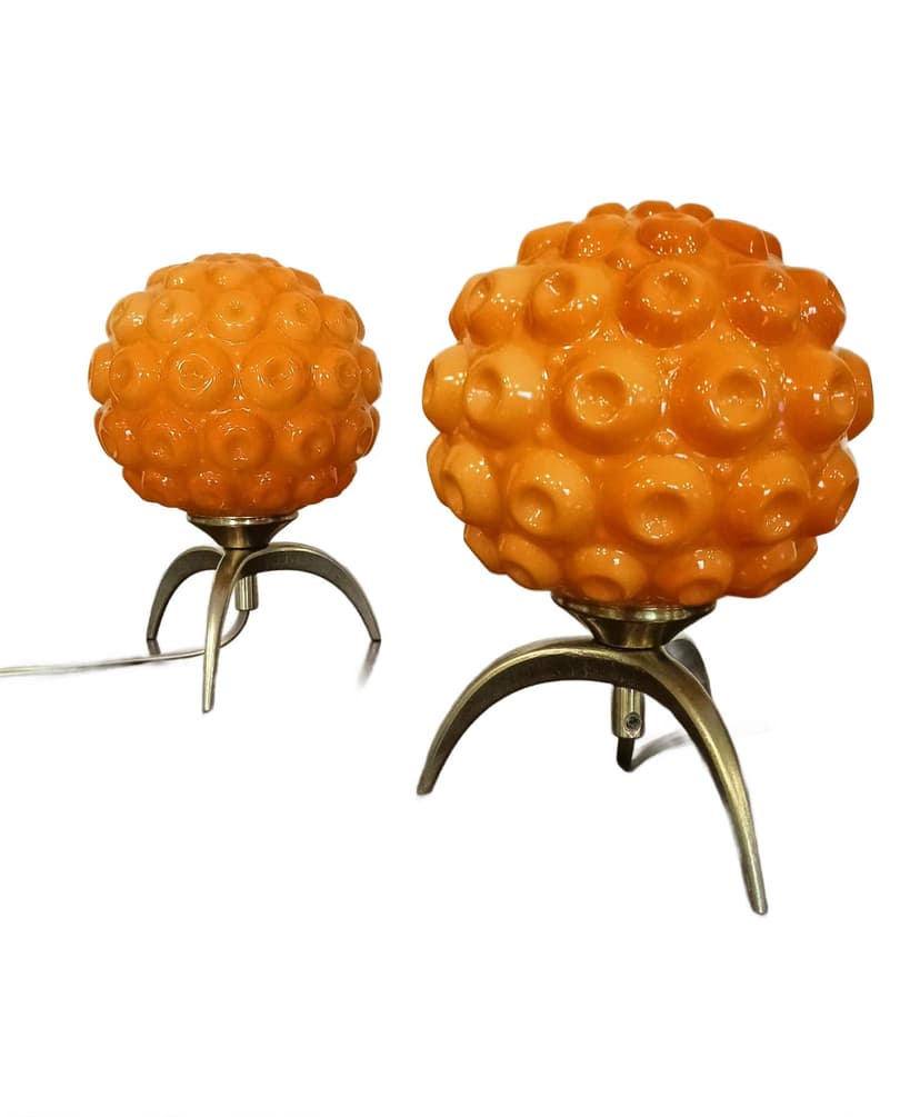Pair of table lamps Space Age, orange glass, gold brass, Italy, 1970s.