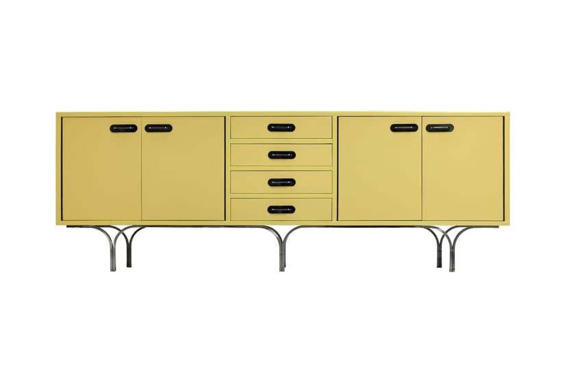 Komoda, pastelowy żółty, drewno lakierowane, stal czarna, Niemcy, lata 60.