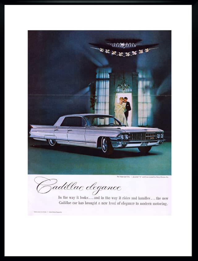 Plakat reklamowy Cadillac The sedan de Ville 30x40 cm, srebrny, USA, lata 60. - WYMIARY