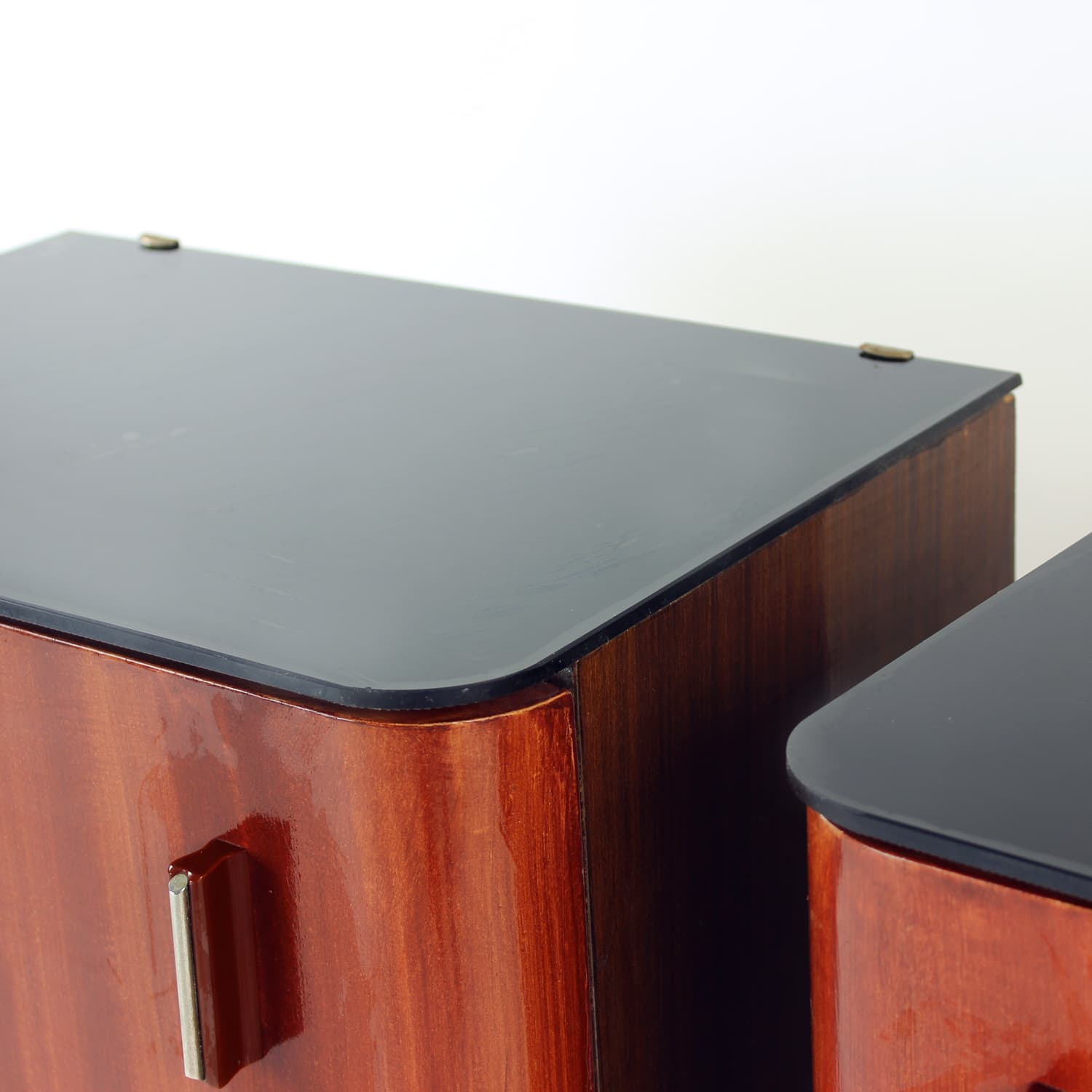 Set of Two Nightstands, black glass, reddish-brown wood, Czechoslovakia, 1960s. - 168879