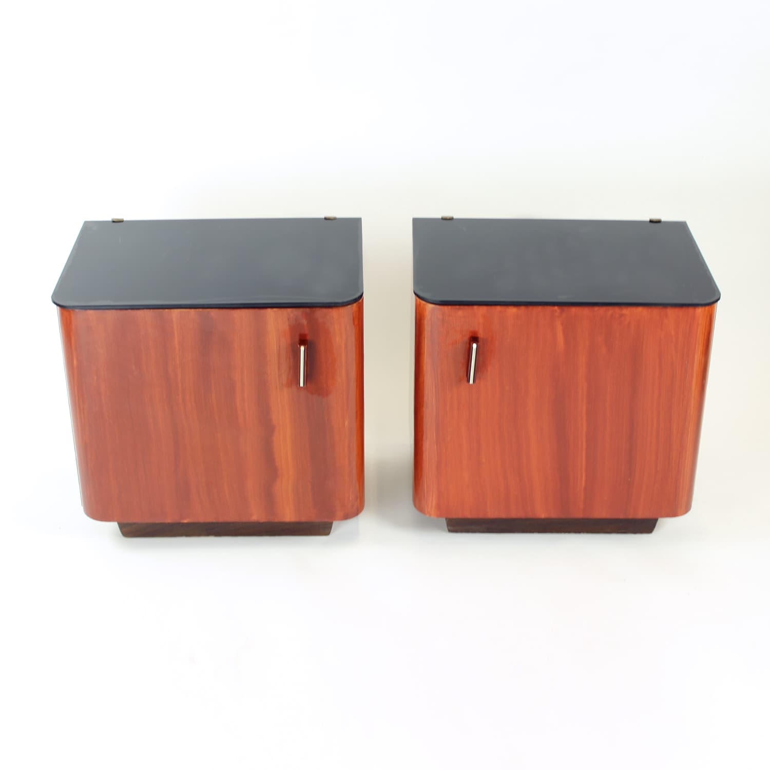 Set of Two Nightstands, black glass, reddish-brown wood, Czechoslovakia, 1960s. - 168880