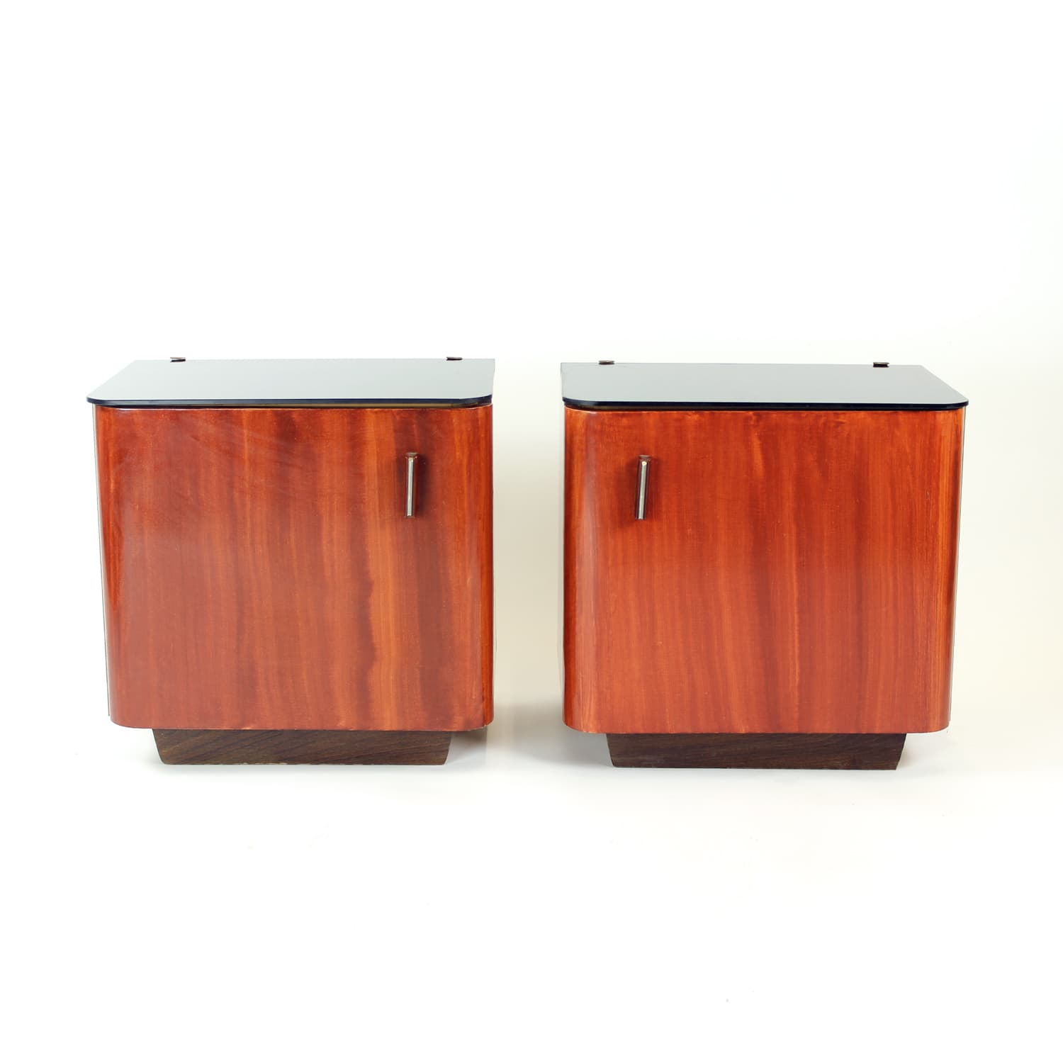 Set of Two Nightstands, black glass, reddish-brown wood, Czechoslovakia, 1960s. - 168884