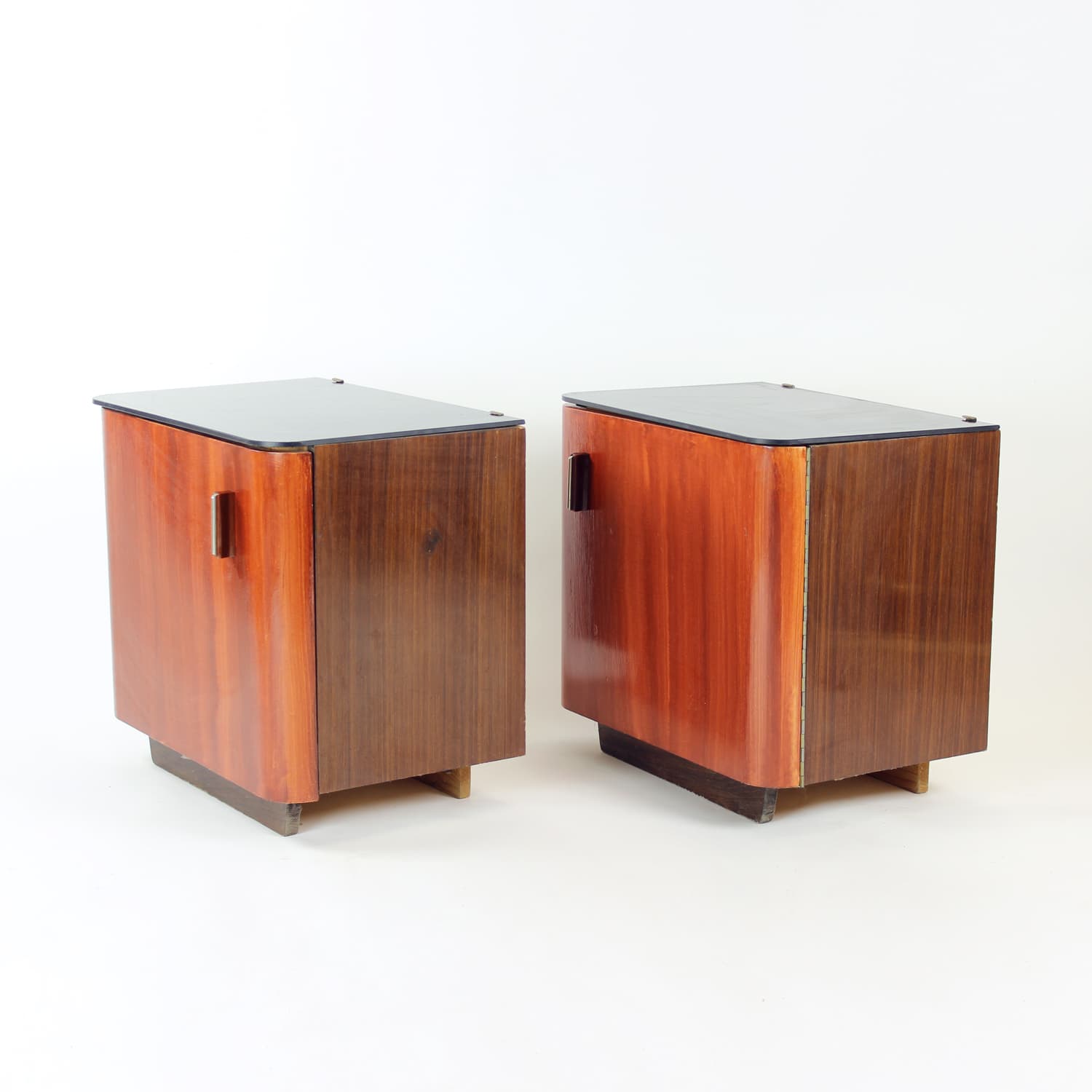 Set of Two Nightstands, black glass, reddish-brown wood, Czechoslovakia, 1960s. - 168881