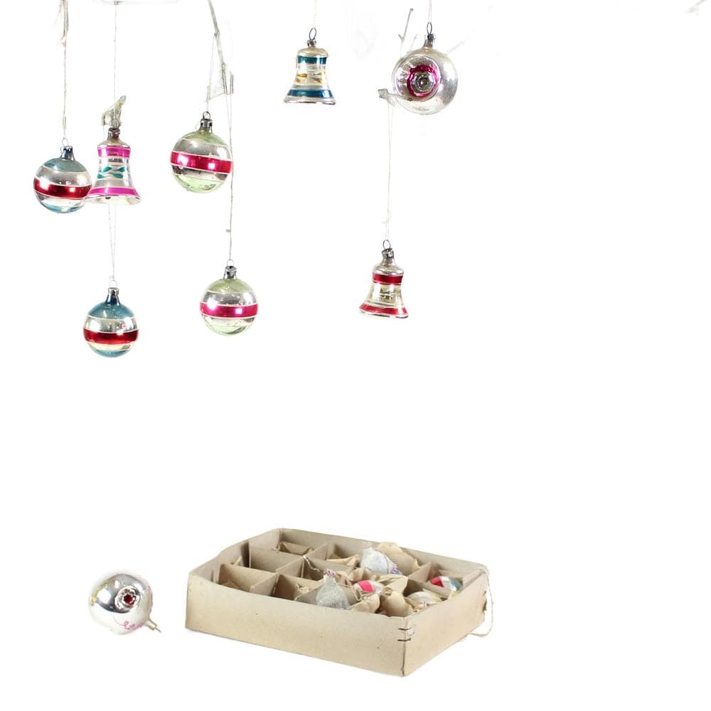 Zestaw 14 bombek choinkowych, szkło multikolor, Czechosłowacja, lata 60.