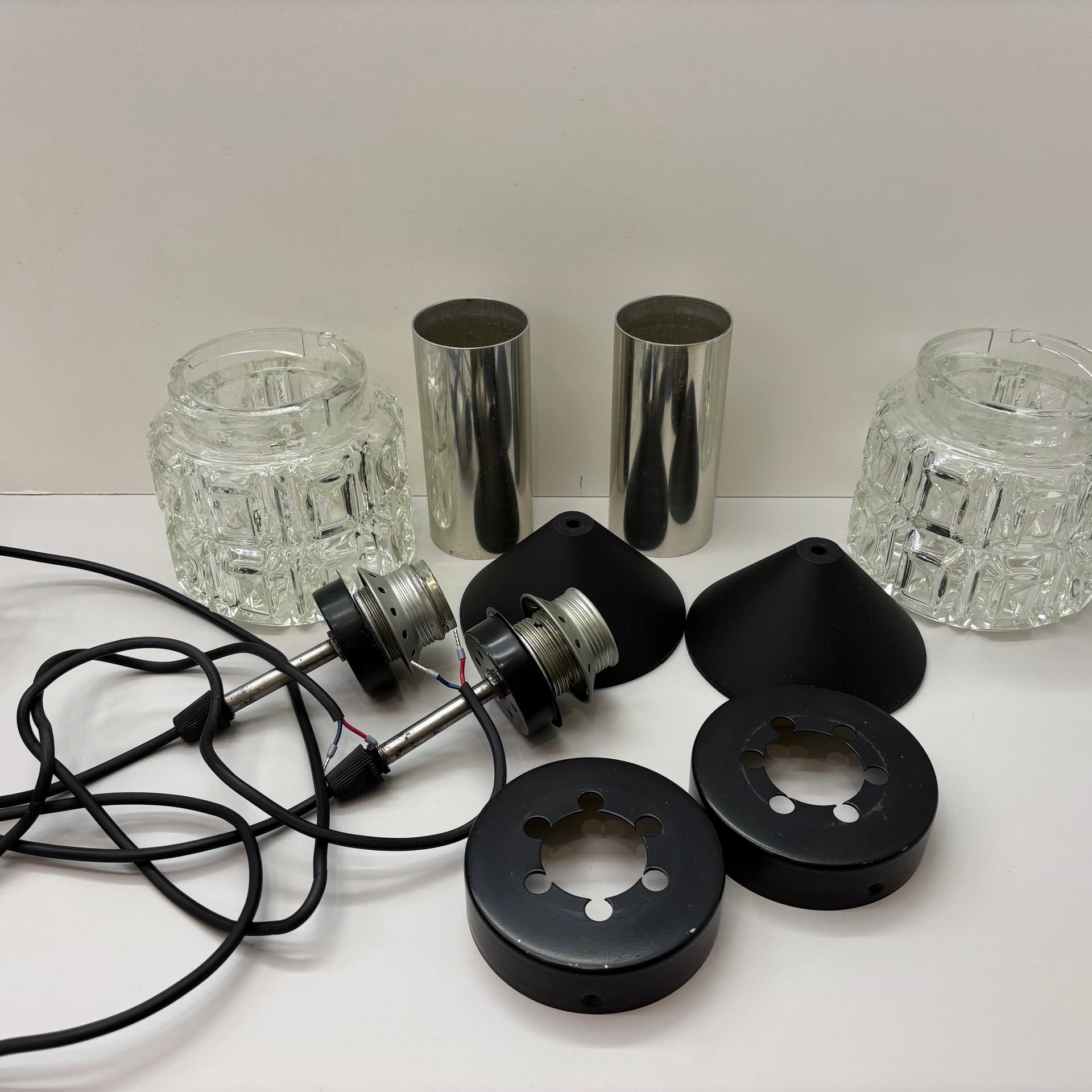 Pair of pendant lamps, silver, aluminum steel glass, Germany, 1980s. - 169313