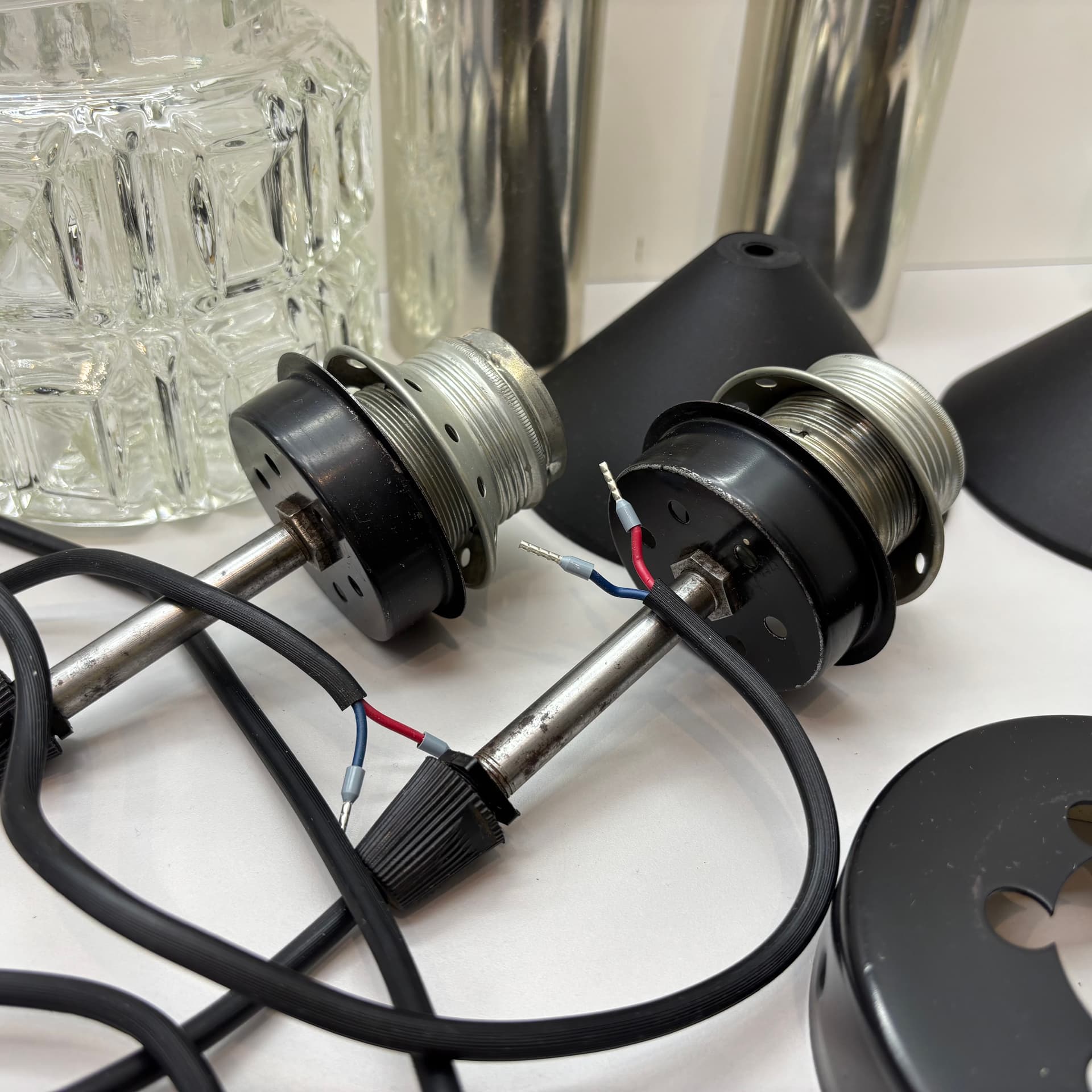 Pair of pendant lamps, silver, aluminum steel glass, Germany, 1980s. - 169311