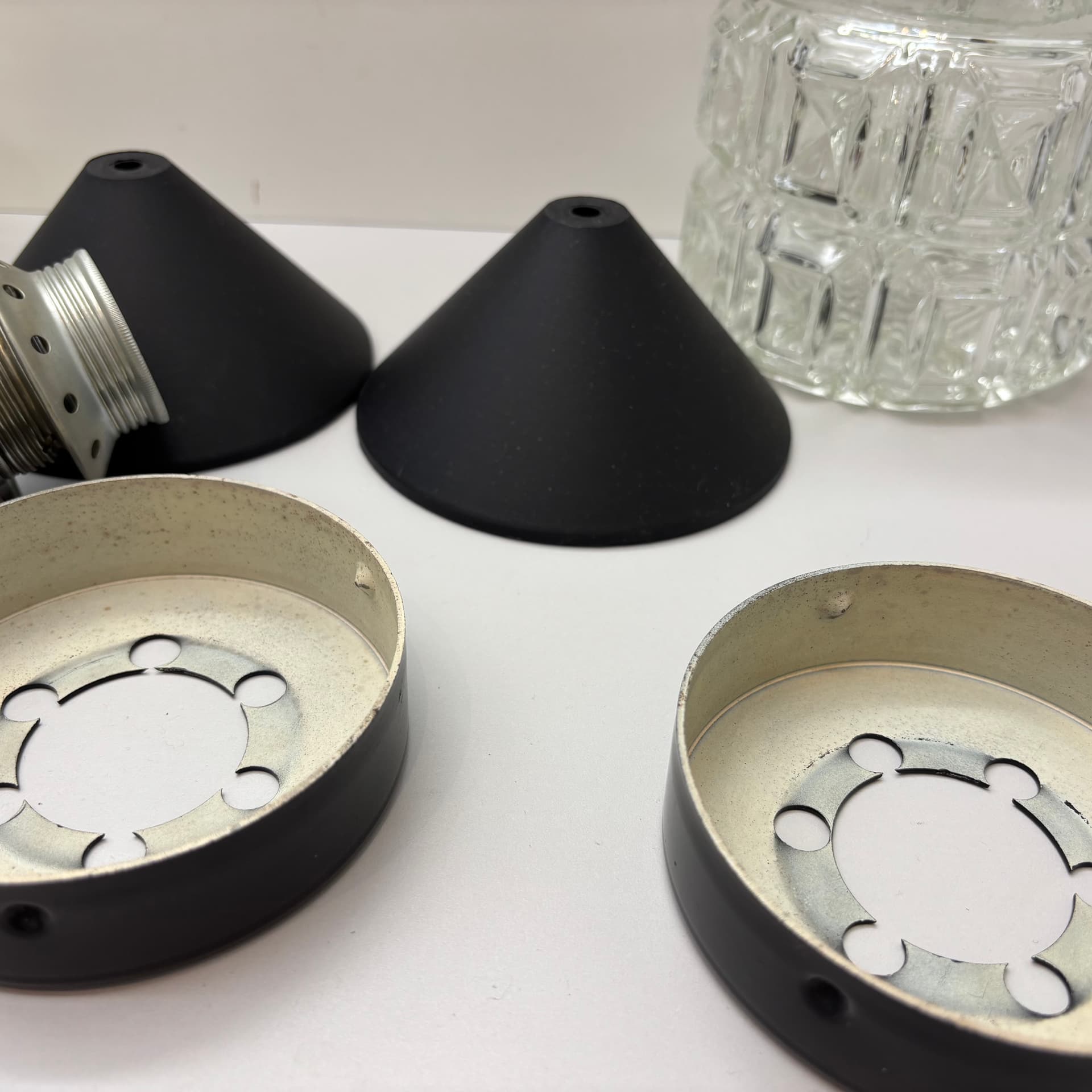 Pair of pendant lamps, silver, aluminum steel glass, Germany, 1980s. - 169307