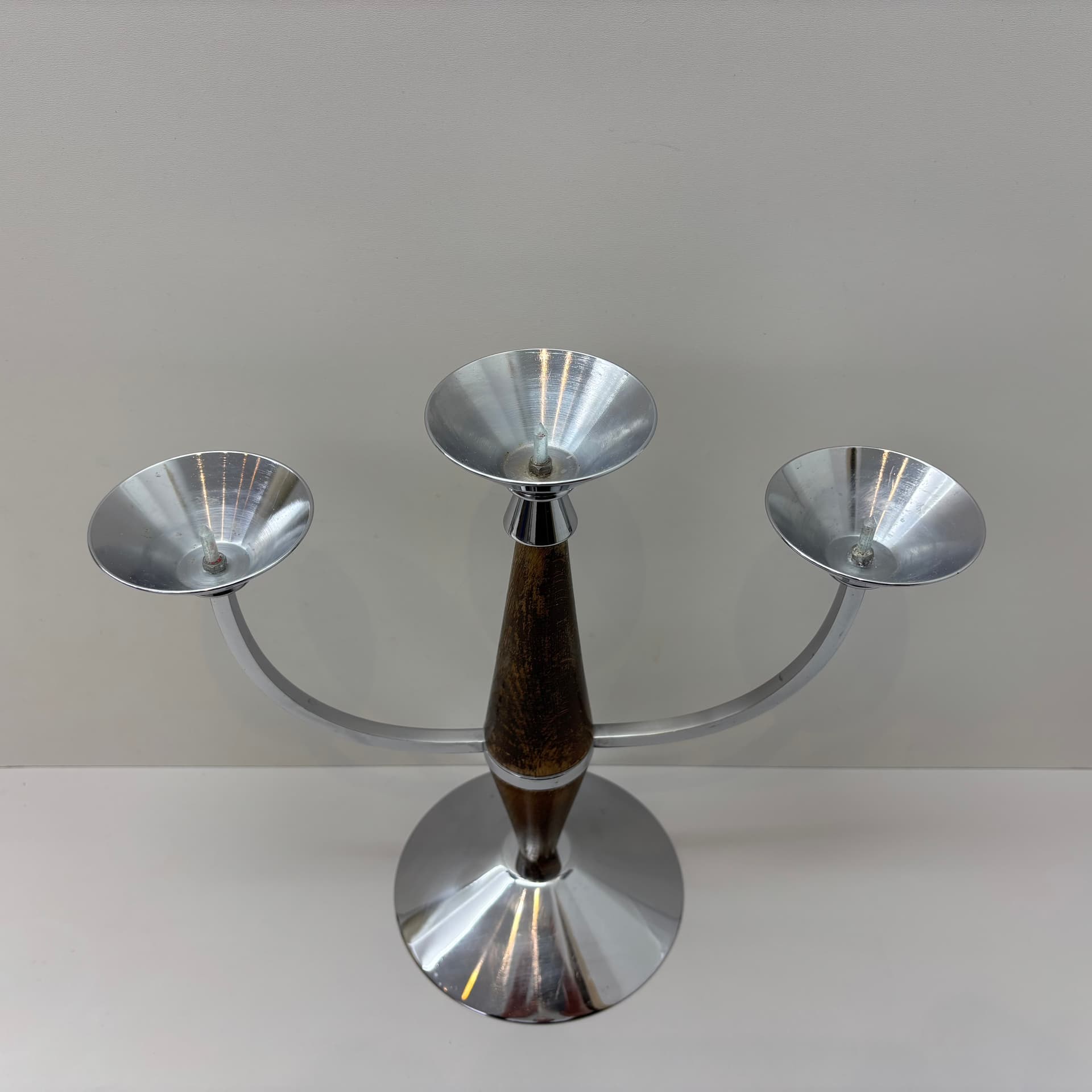 Świecznik Bauhaus, chromowana stal srebrna, drewno brązowe, Niemcy, lata 70. - 169432