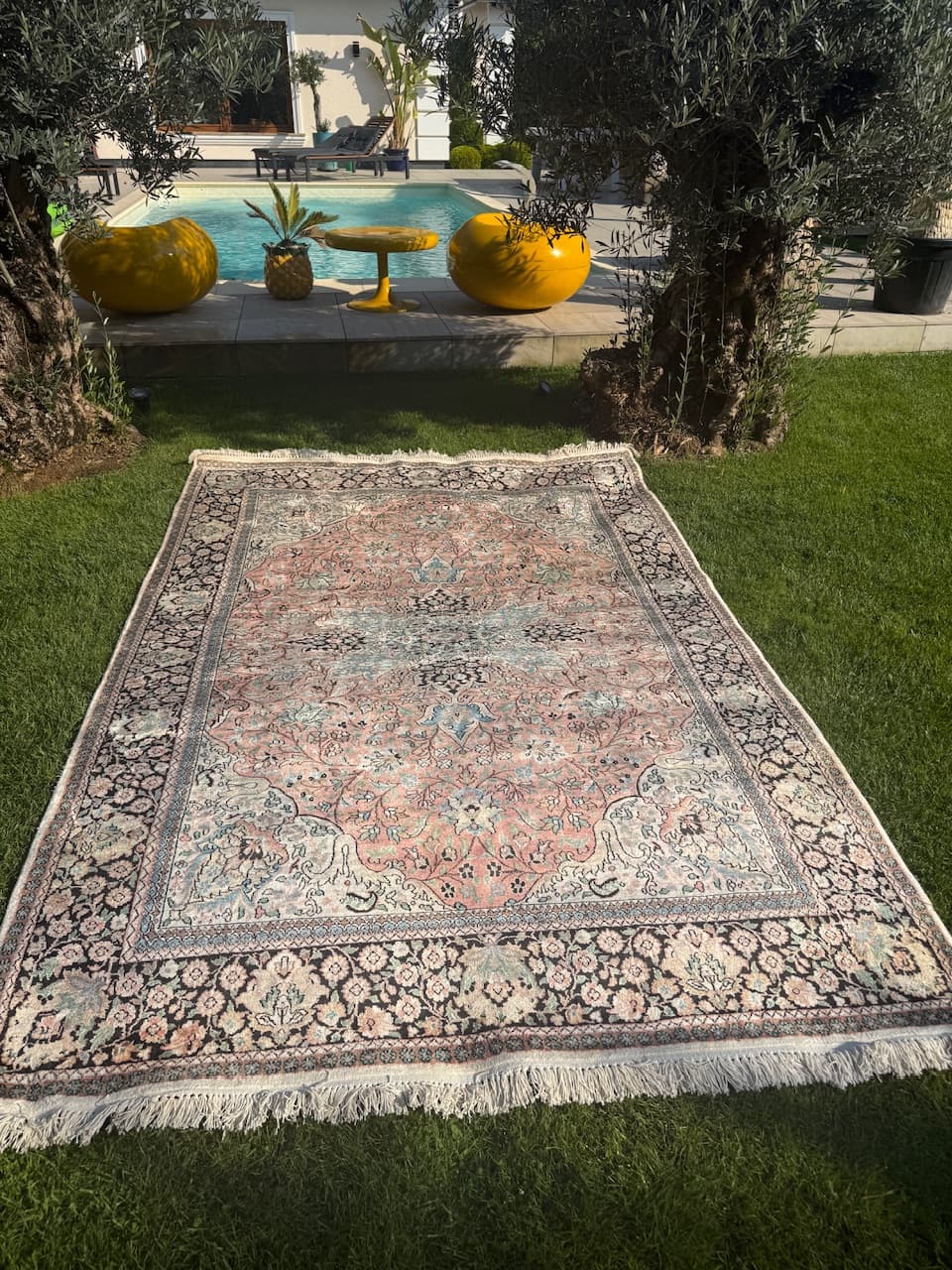 Rug Ghoum, orange, natural silk cotton warp, India - 169464