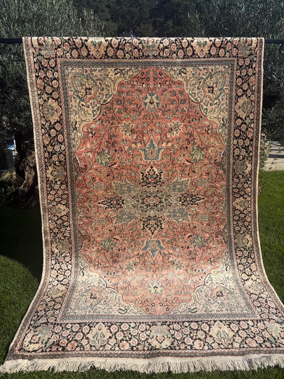 Rug Ghoum, orange, natural silk cotton warp, India - 169458