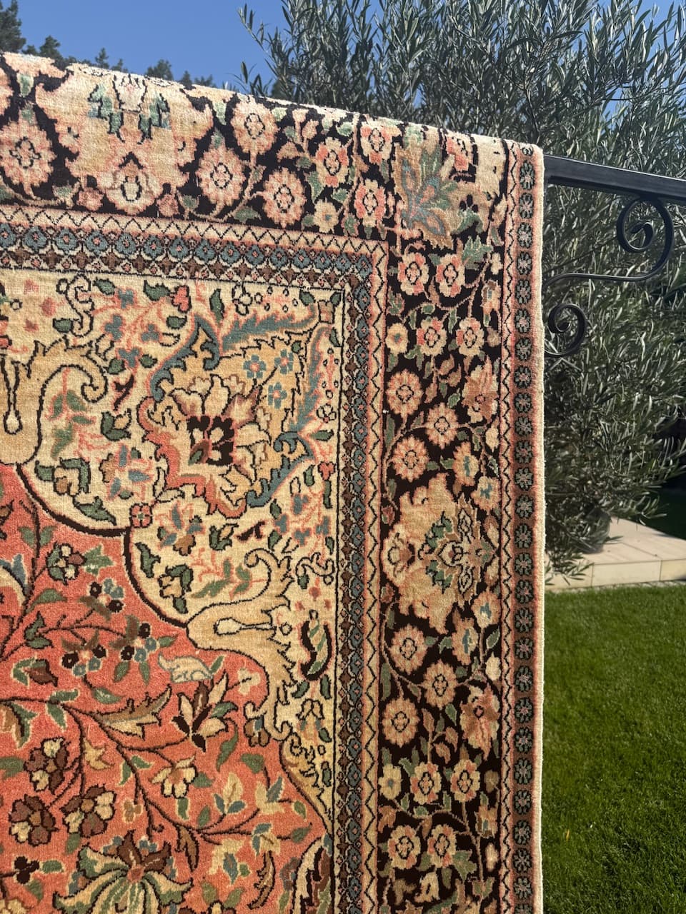 Rug Ghoum, orange, natural silk cotton warp, India - 169463
