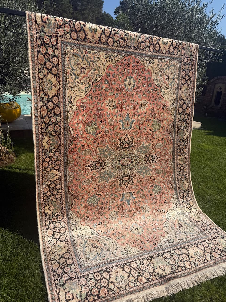 Rug Ghoum, orange, natural silk cotton warp, India - 169461
